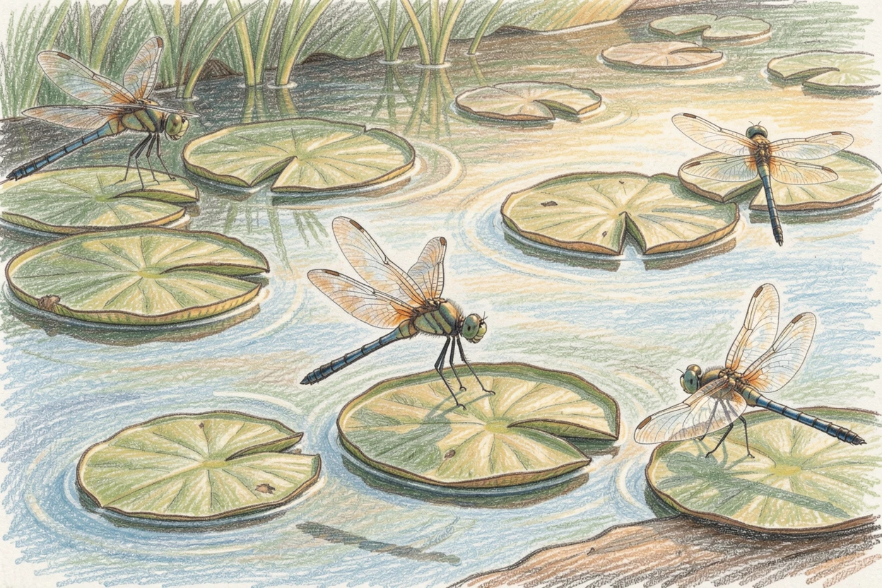 A quiet pond edge with dragonflies hovering over lily pads, with soft, natural light bringing warmth to every detail, perfect for anyone drawn to gentle, heartfelt imagery.