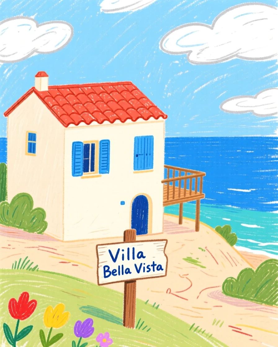 A seaside villa with blue shutters overlooking the Mediterranean.