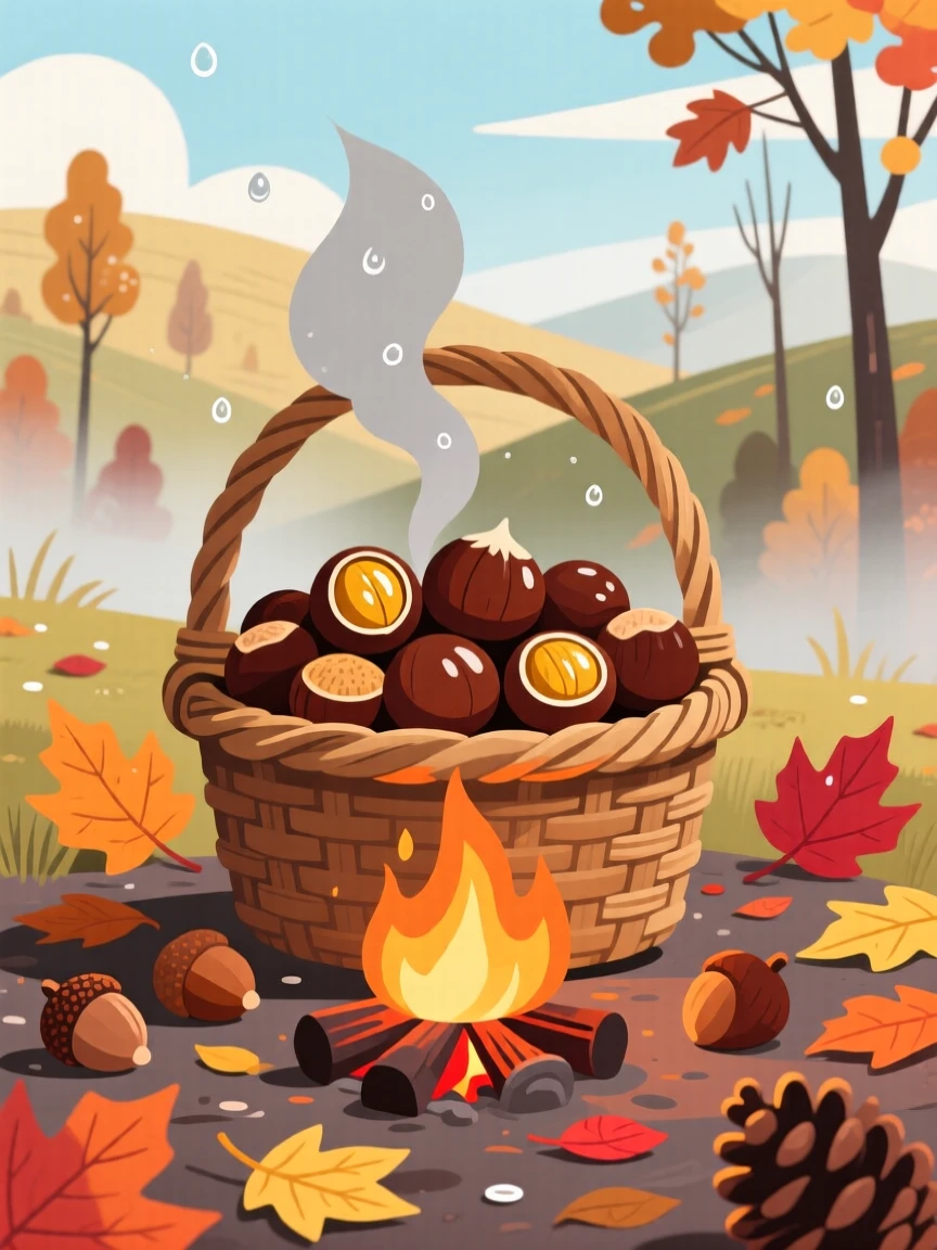 A basket of autumn chestnuts roasting over an open flame, set within a peaceful outdoor seasonal scene, composed with balanced natural elements throughout, with a fresh, crisp atmosphere throughout.