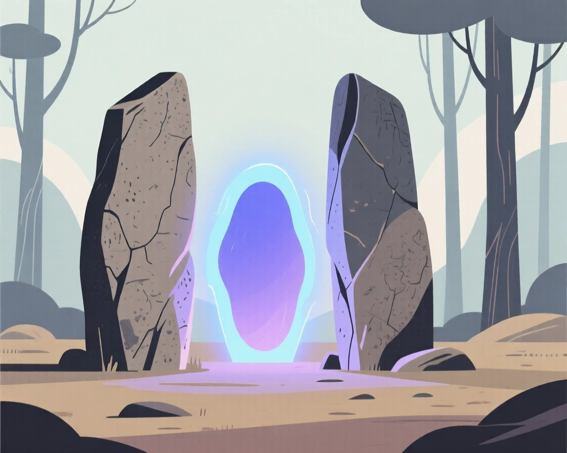 A hidden portal glowing between two ancient standing stones in a forest.