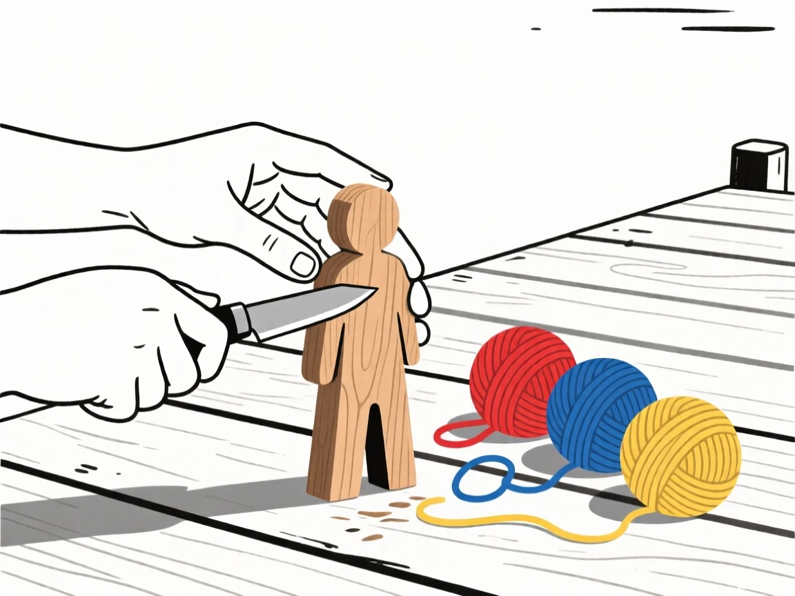 A close view of hands carving a wooden figure near balls of colorful yarn in a lakeside dock, full of joyful discovery.