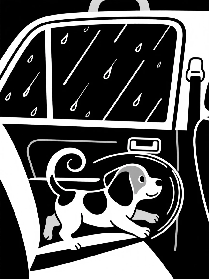 A beagle puppy chasing its tail looking out a rainy car window.
