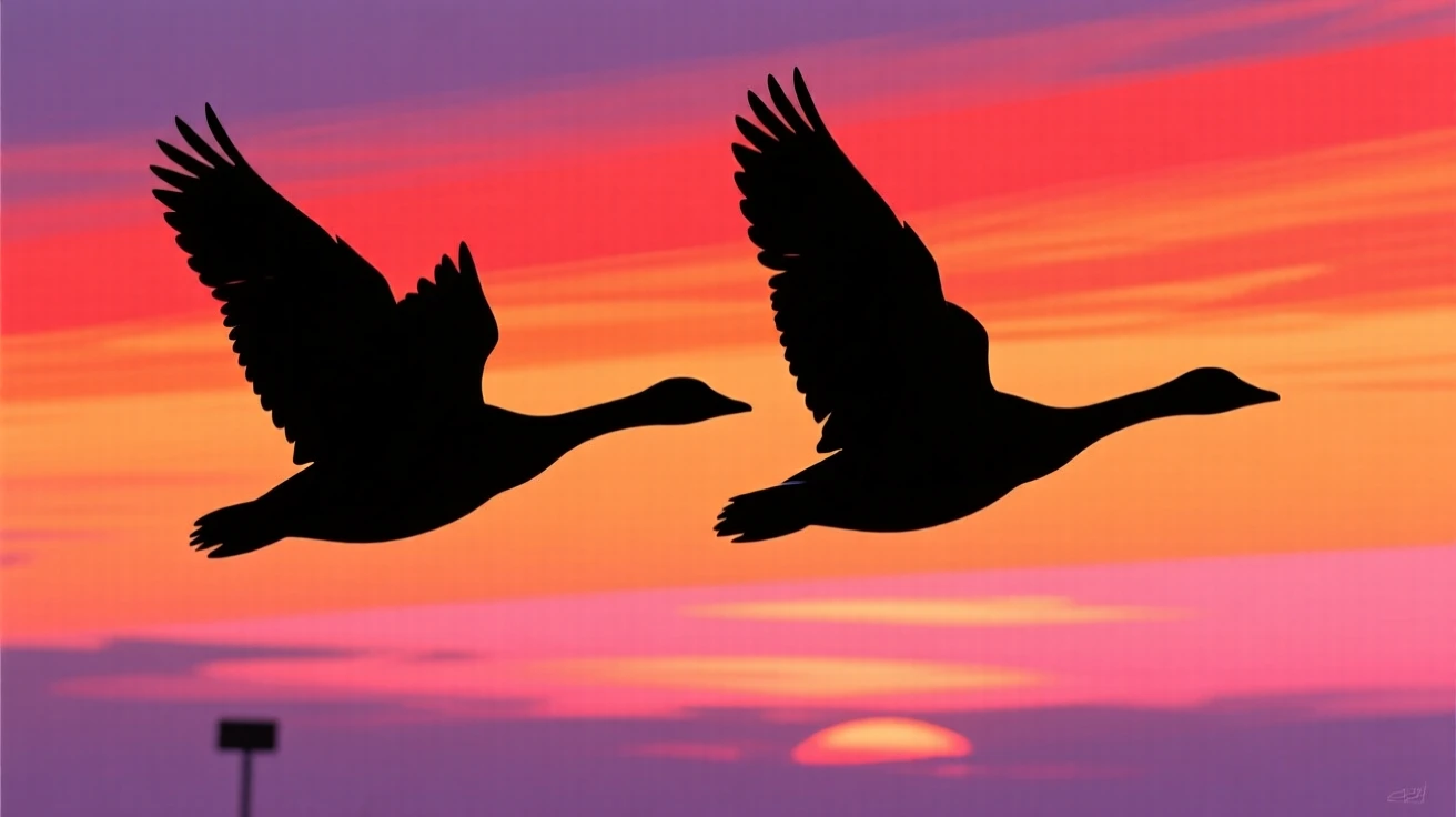 A pair of geese flying in formation across a colorful sunset sky.