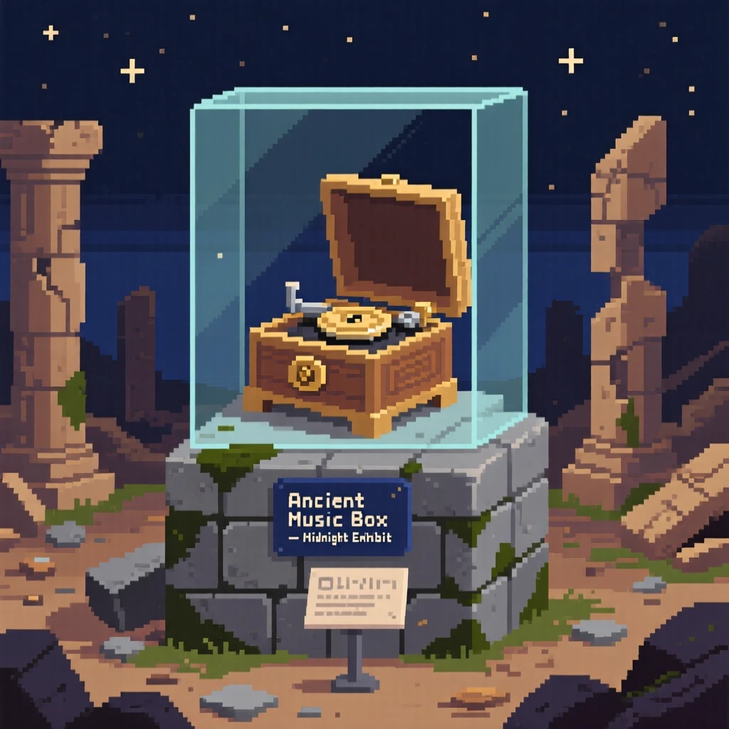 A music box that plays on its own placed on a stone pedestal in a ruin, in a museum display at midnight.