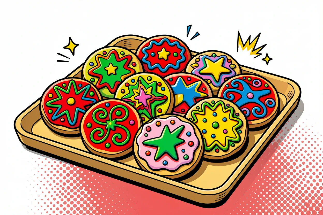 A tray of festive sugar cookies decorated with elaborate icing