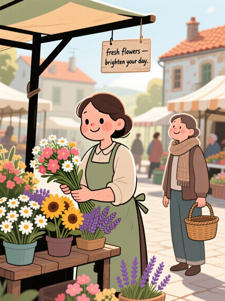 A flower seller arranges bundles of fresh flowers at a bustling village square market, greeting a regular customer with a warm smile in the morning sun.