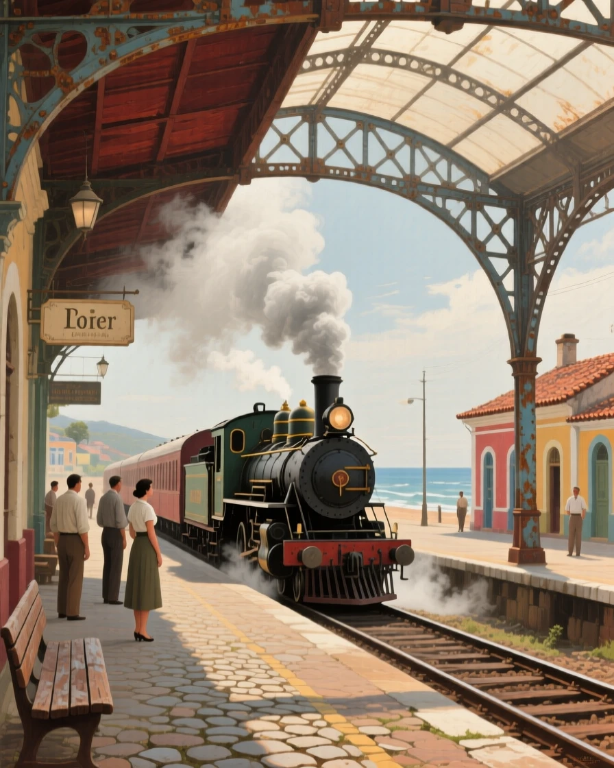 A medium shot of a steam train pulling into a station beneath a soaring iron archway, in a Brazilian coastal town, in the 1940s.