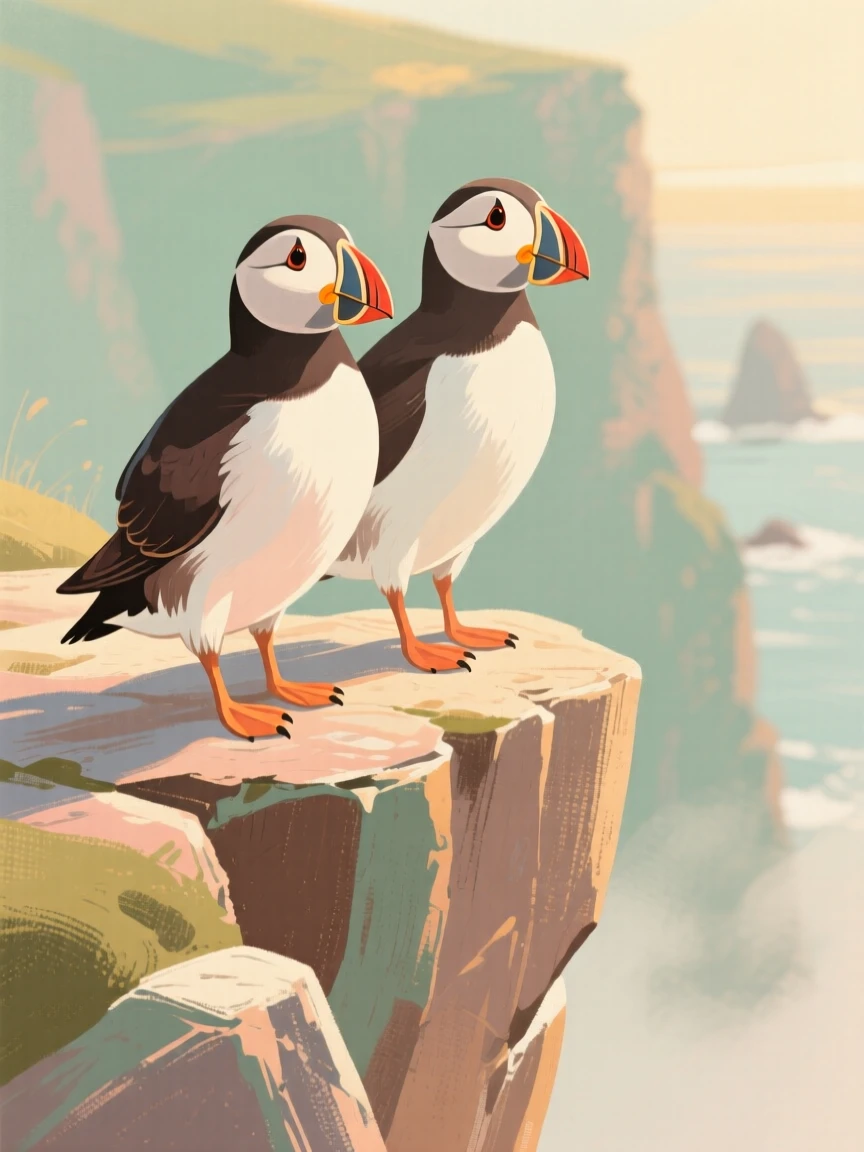 A pair of puffins standing on a rocky cliff ledge