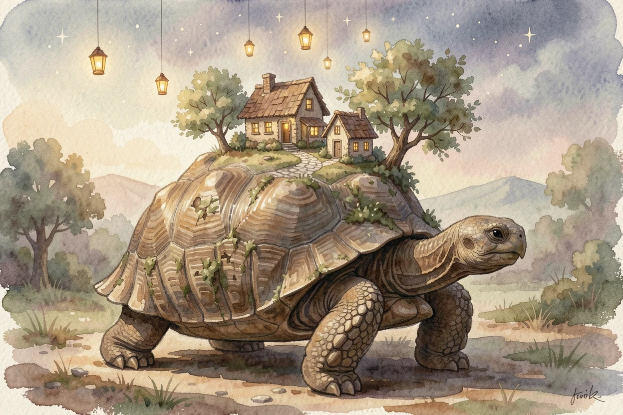 A giant tortoise carrying a tiny village on its shell with tiny lanterns floating like stars.