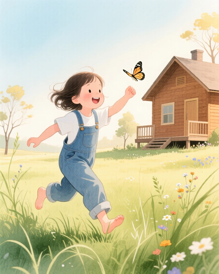A little girl in overalls chases butterflies through the grass beside a family cabin, laughter and joy filling the warm afternoon air