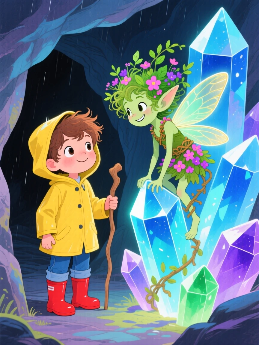 A small boy in rain boots meeting a mischievous forest sprite in a glowing crystal cave.