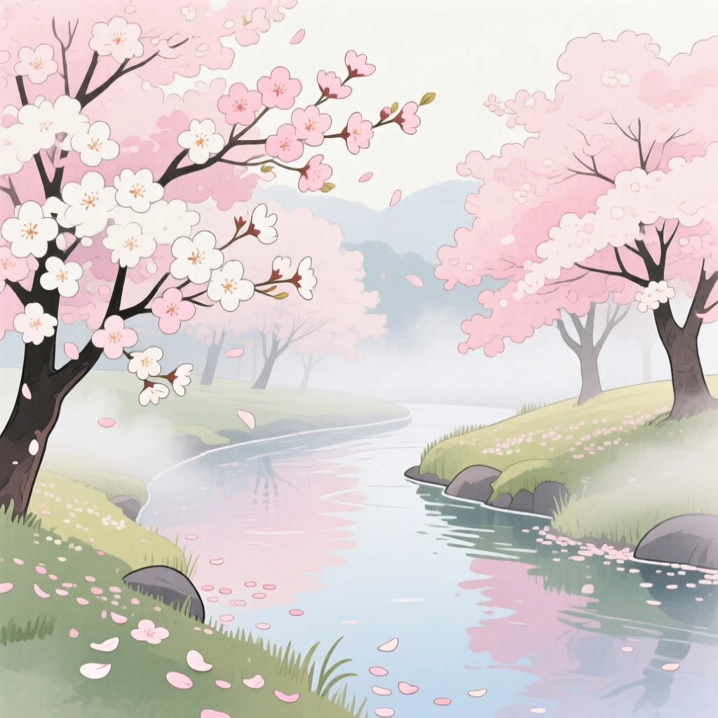 A cherry blossom grove in full bloom along a river, with gentle mist rolling low across the ground, filled with quiet majesty and stillness.