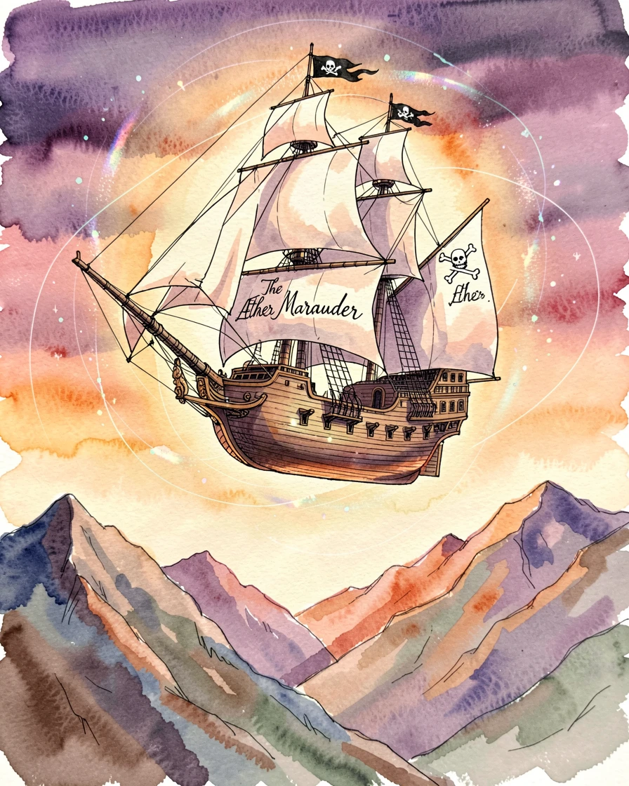 A sky pirate airship drifting above a mountain range at sunset, the atmosphere charged with quiet, ancient magic.