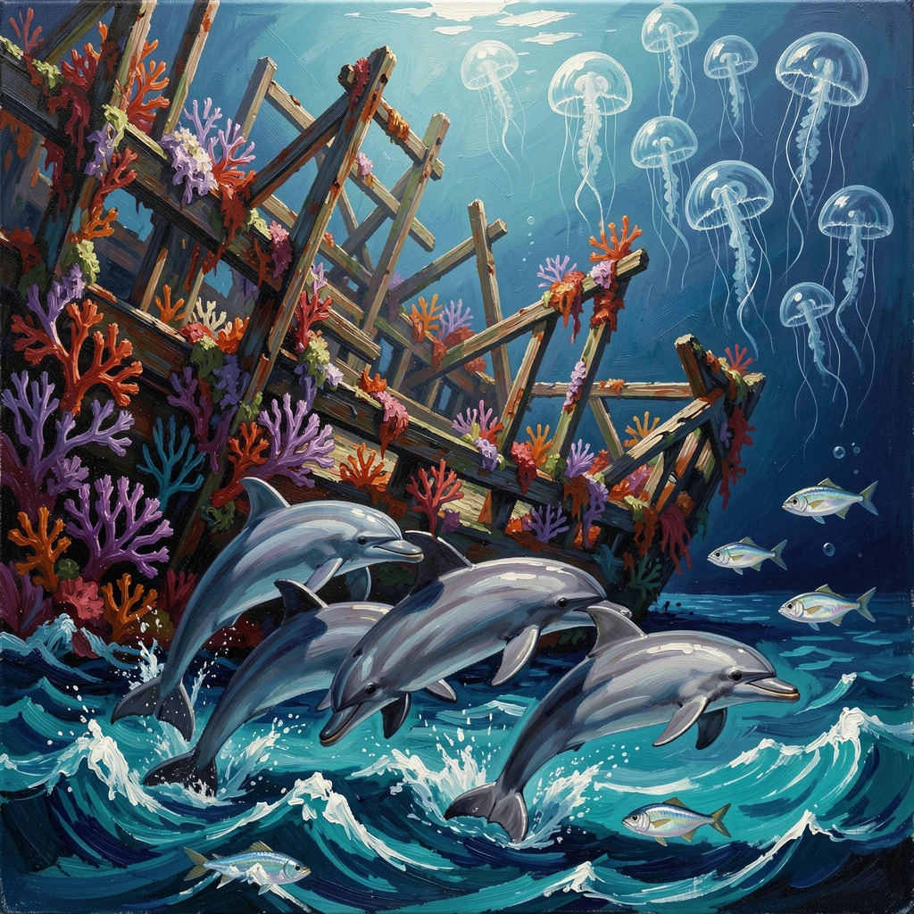 Beside a sunken shipwreck covered in coral, a pod of dolphins leaping through ocean waves, smaller fish darting alongside for protection, beneath a scattering of drifting jellyfish, gently glowing.