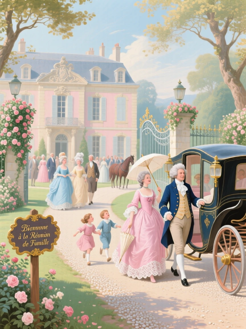 A family reunion at a country estate with guests arriving in carriages  