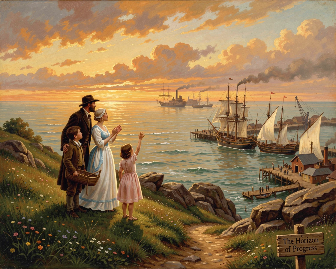 A family on a hillside gazes up at a horizon glowing orange over the sea above a bustling harbor.