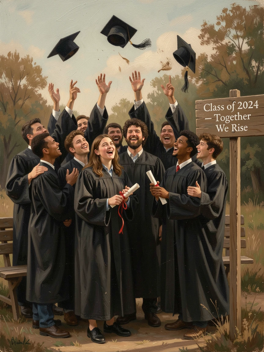 A festive graduation celebration with caps thrown joyfully into the air, as the whole scene radiates warmth and togetherness, evoking cherished holiday memories and nostalgic feeling