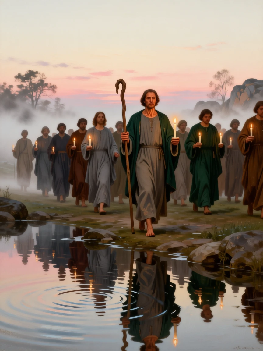 A procession of the faithful carrying candles through a misty dawn as light seems to answer a silent prayer, set beside a sacred spring reflecting the morning sky, with modest robes, a well-worn staff, and a face lined with quiet devotion; a low, humble viewpoint elevates the sacred over the everyday, suggesting the enduring comfort of belief and community.