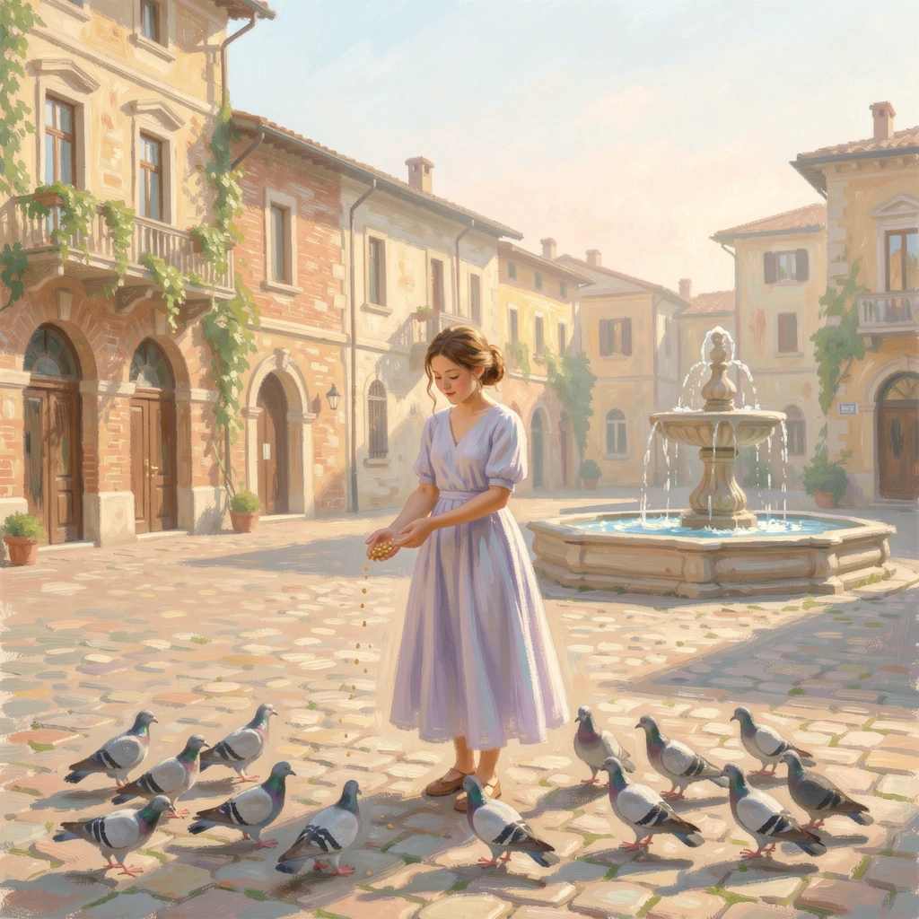 A young woman feeding pigeons in a sunlit piazza surrounded by historic architecture, in the gentle hush of early morning.
