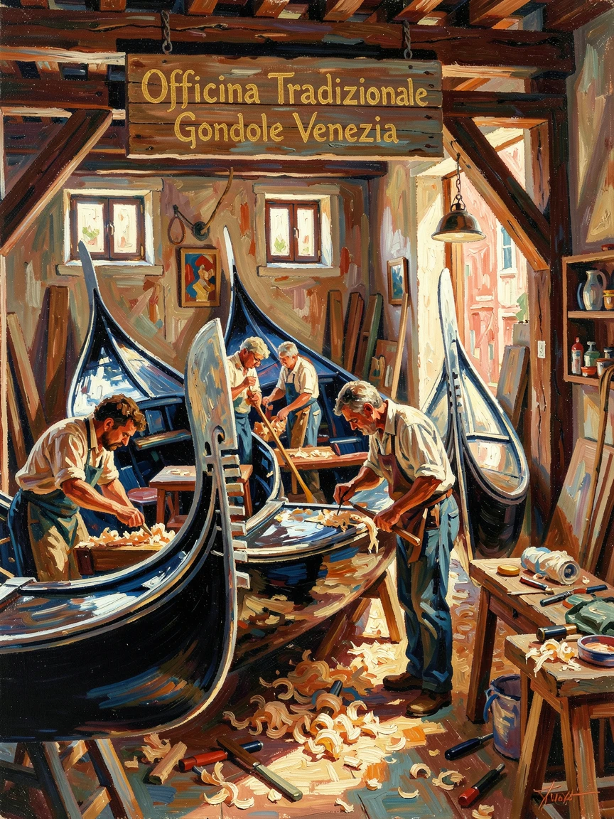 A traditional gondola workshop in Venice where craftsmen carve and paint by hand.