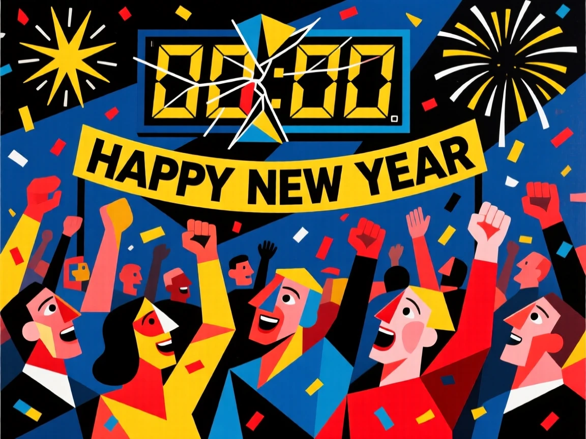 A crowd celebrating with confetti and fireworks at a New Year's countdown.