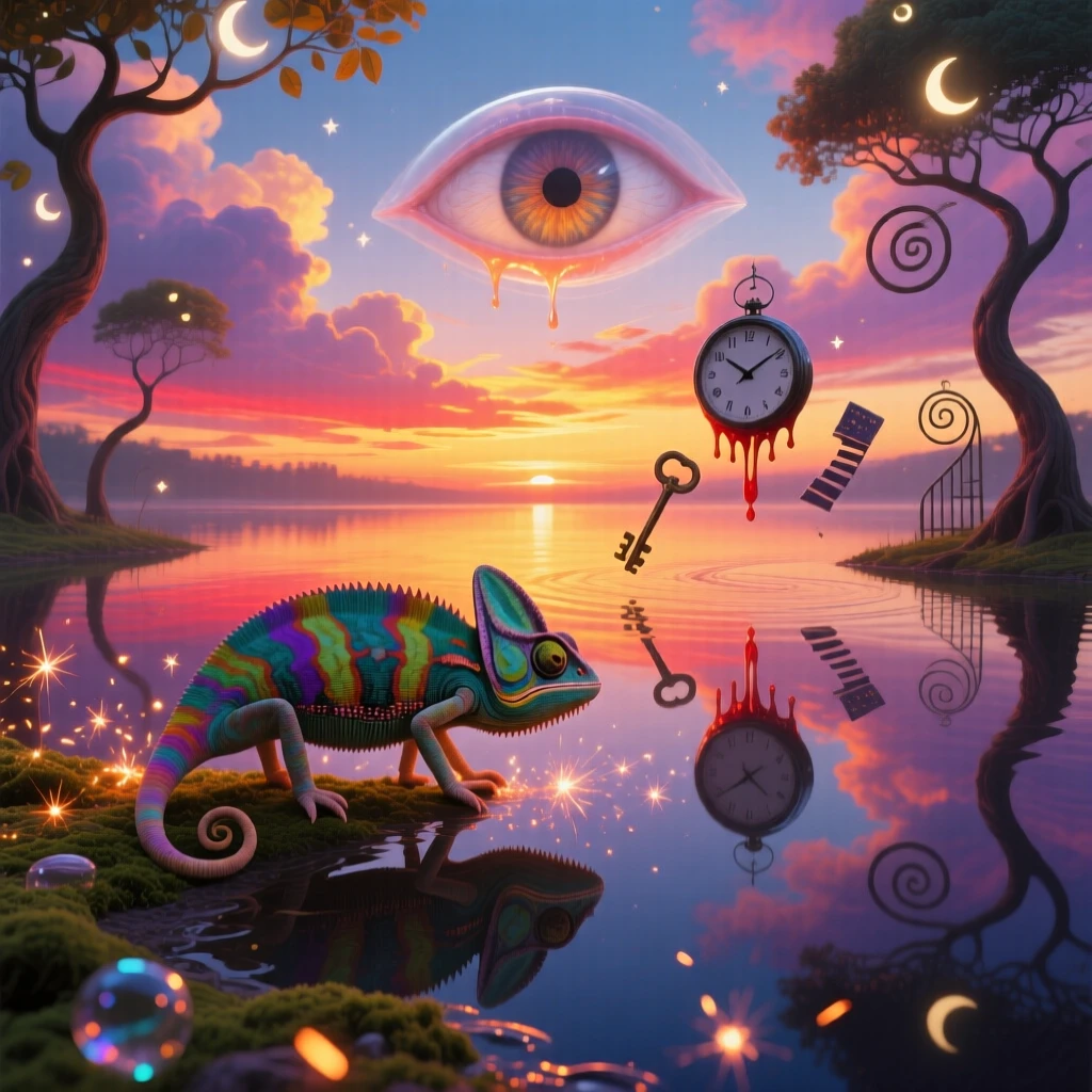 A chameleon shifting through colors of an entire sunset in seconds wanders along the edge of a mirror-smooth lake, while tiny sparks of light trail behind its every step.