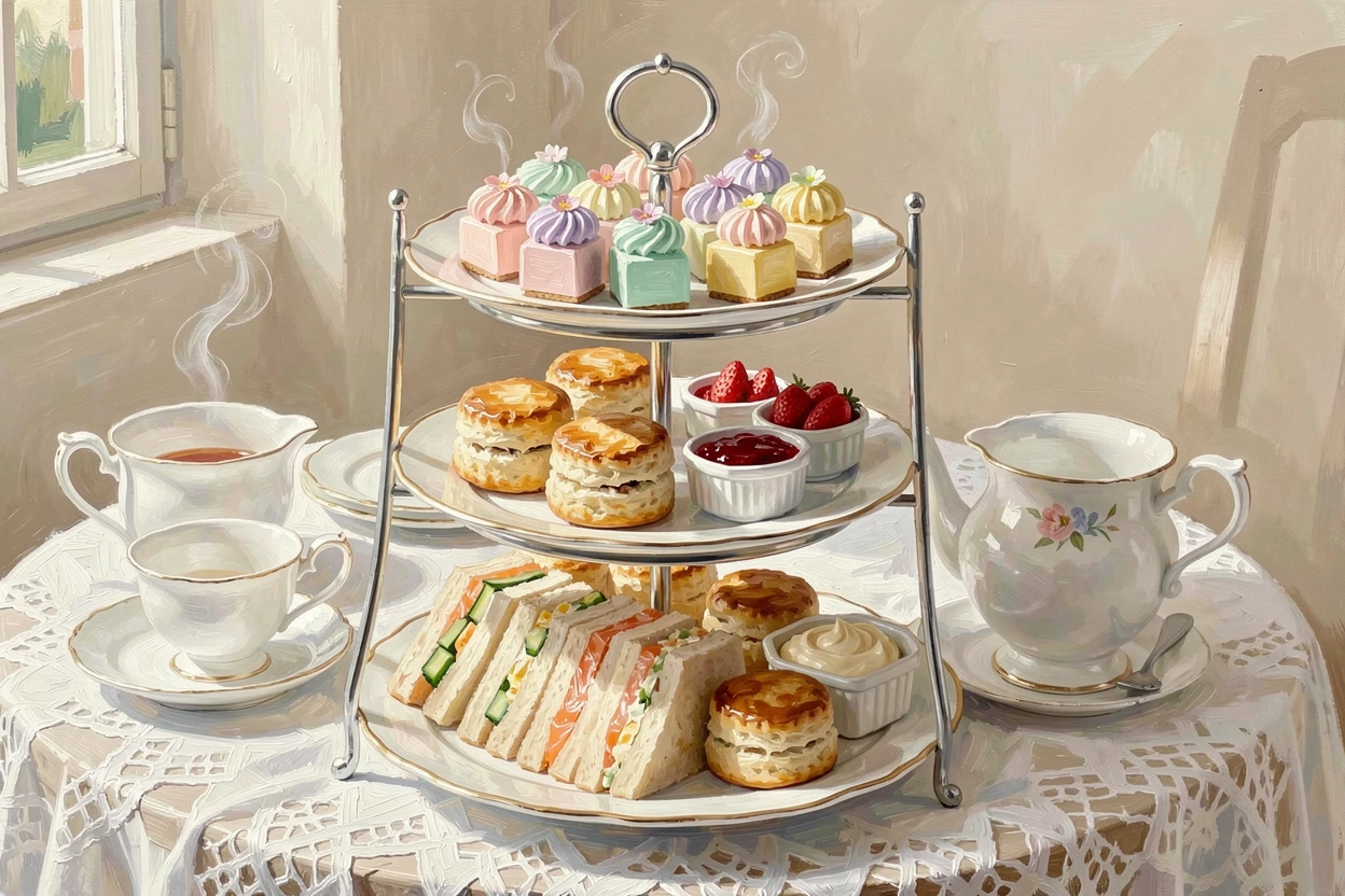 A delicate afternoon tea spread shows tiered trays of finger sandwiches, scones with clotted cream, and colorful petit fours, steam or condensation visible in small details that suggest the dish was just prepared.