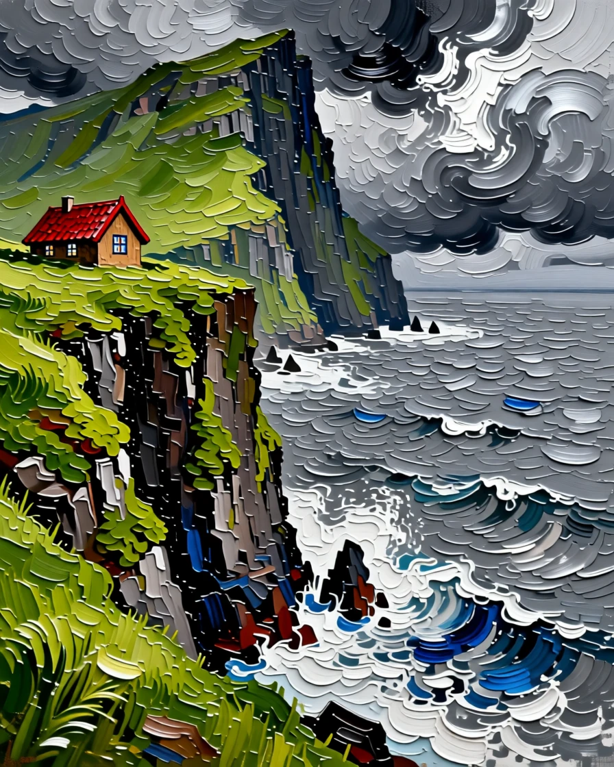 A dramatic view of the Faroe Islands' green cliffs plunging into a stormy grey sea