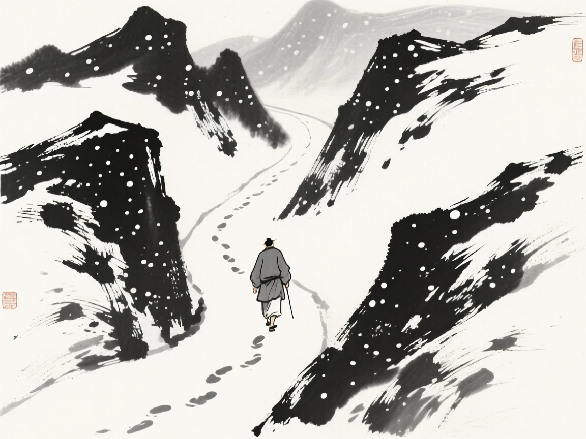 A lone traveler trudges through deep snow along a narrow mountain path, with footprints trailing off into the falling snow.