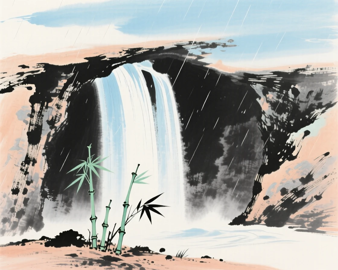 A hidden grotto behind a curtain of falling water, filled with tranquil stillness, beneath a sky washed clean by rain, as new bamboo shoots break through the soil.