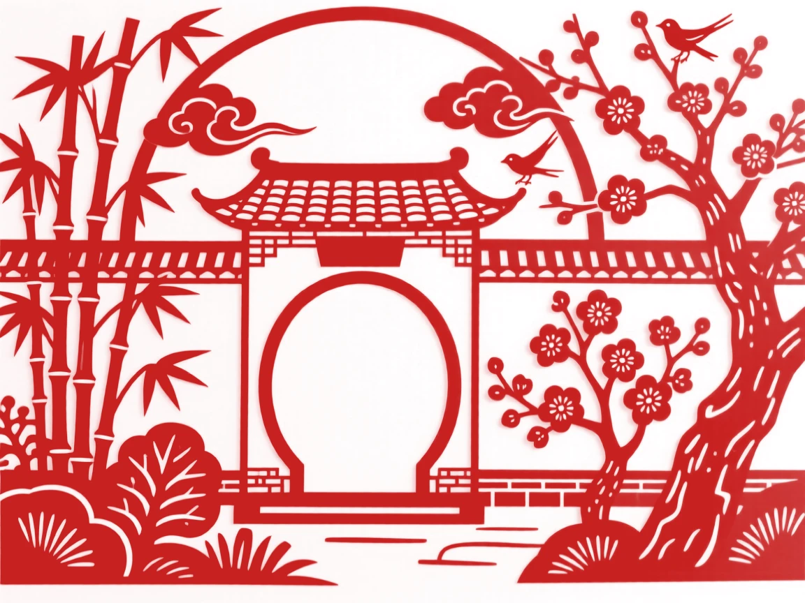 A traditional courtyard house with a moon gate opening onto a garden of bamboo and blossoming trees