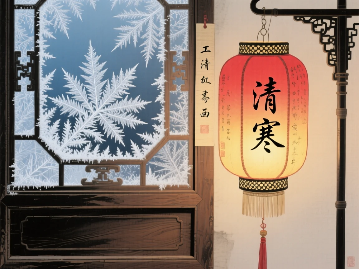 Frost patterns forming on a windowpane beside a glowing lantern