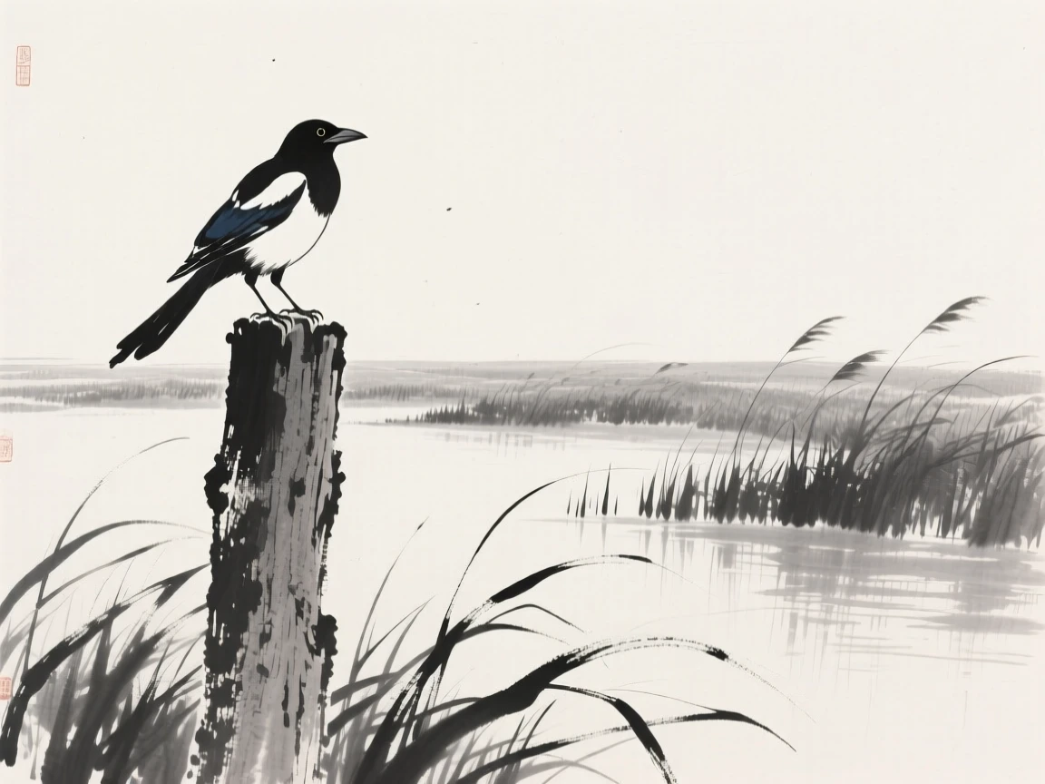 A magpie resting on a weathered wooden post along the edge of a reed-lined marsh, framed against a wide expanse of open sky, suggesting renewal and the gentle passage of seasons.
