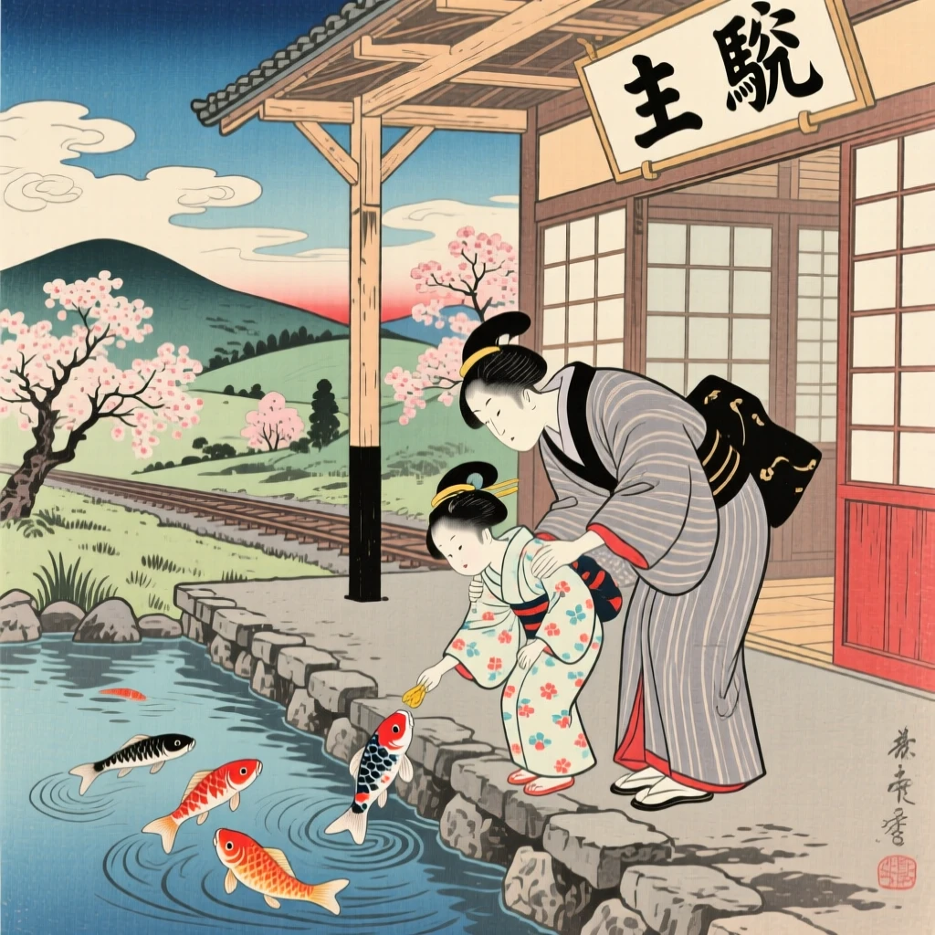 A child feeding koi reuniting with a warm embrace at a train station.