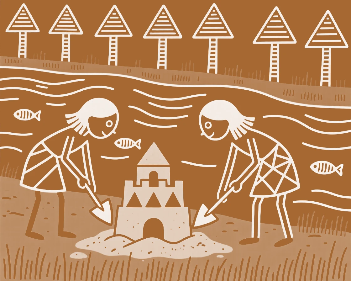 Twin sisters building a small sandcastle by a riverbank.