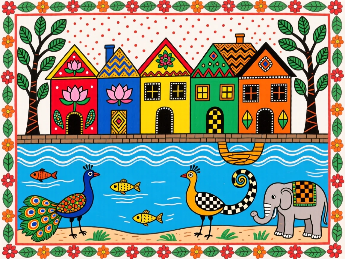 A calm harbor town with pastel houses rising above the water.