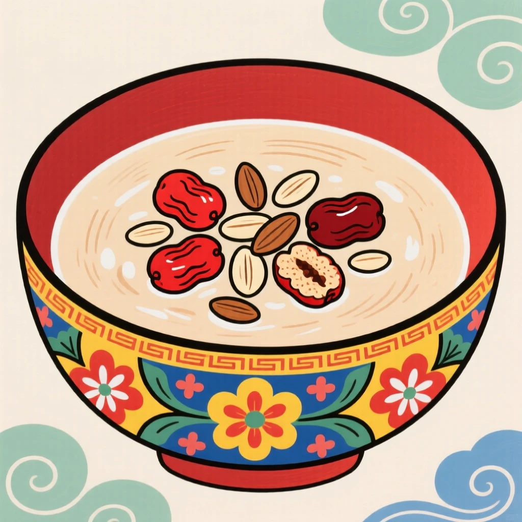 A bowl of warm porridge topped with pine nuts and jujube slices.