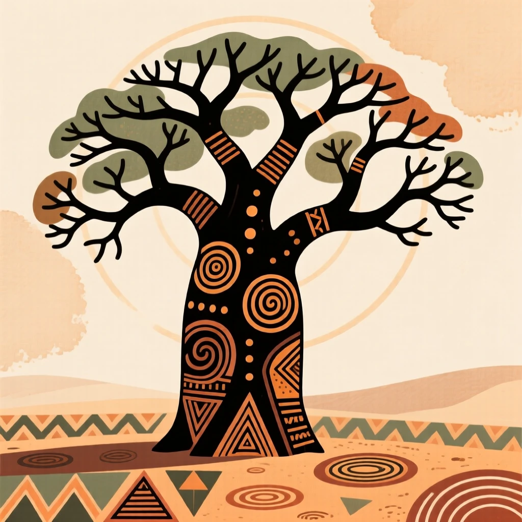 A lone baobab tree standing against an open sky.