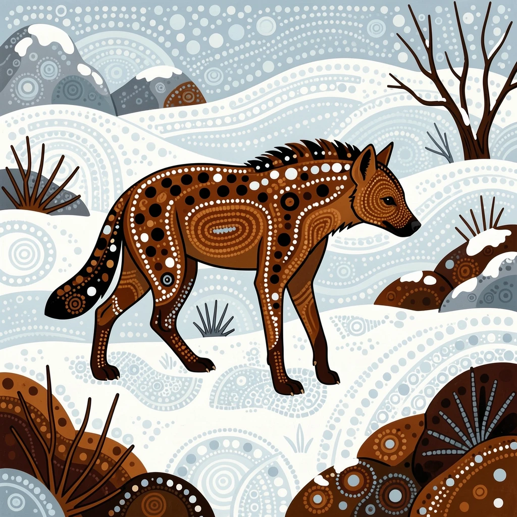 A hyena exploring a snowy landscape