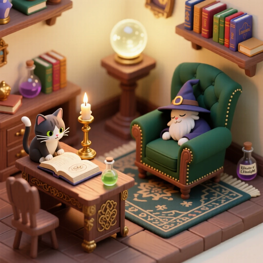 A wizard's familiar cat reading spellbooks by candlelight while its master sleeps in a nearby armchair.