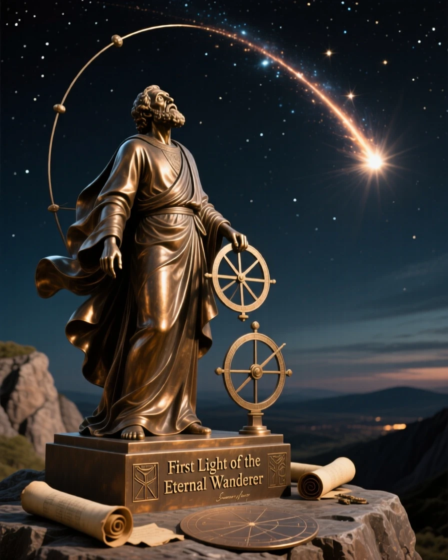 An ancient astronomer's first sighting of a comet, rendered with epic, cinematic composition, evoking legend and timeless drama