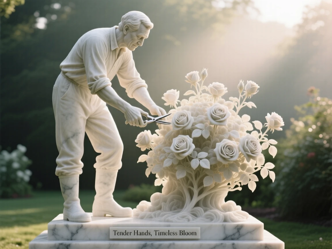 A vivid, emotionally rich scene of a gardener tending roses in early morning light, surrounded by soft, glowing light, designed to captivate and inspire