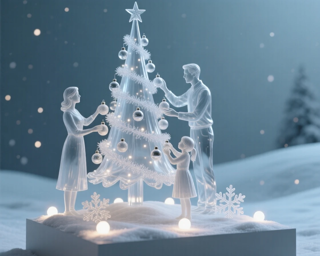 As frost begins to sparkle across the ground, a family decorating a towering tree on a snowy evening