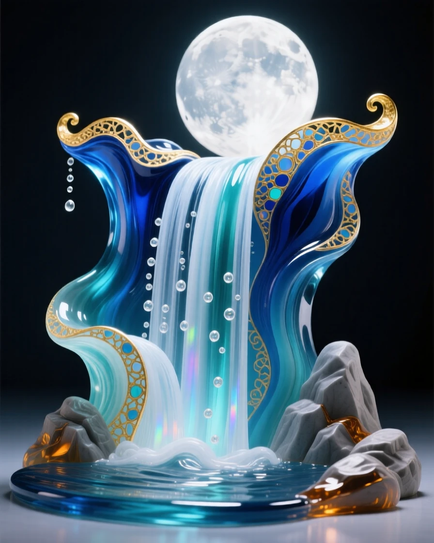 A grand waterfall glowing beneath the soft light of a rising full moon, mystical and serene.