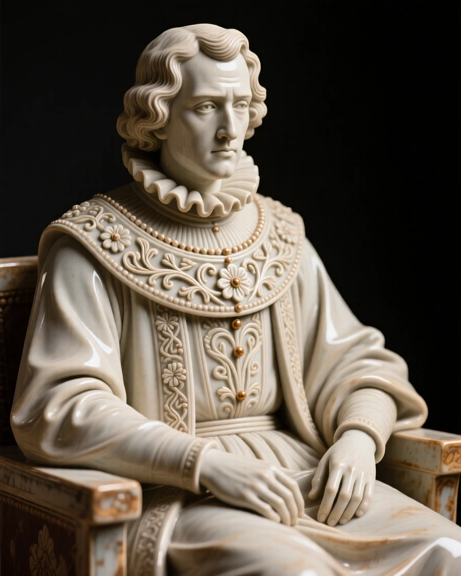 A Renaissance nobleman in an ornate collar seated in quiet, contemplative repose, adorned with intricate traditional patterns, stirring a sense of timeless heritage.