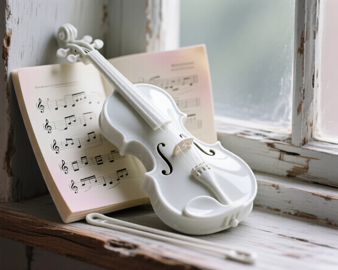 A refined still-life arrangement of a violin resting beside sheet music on a rustic windowsill, composed with classical balance and harmony.