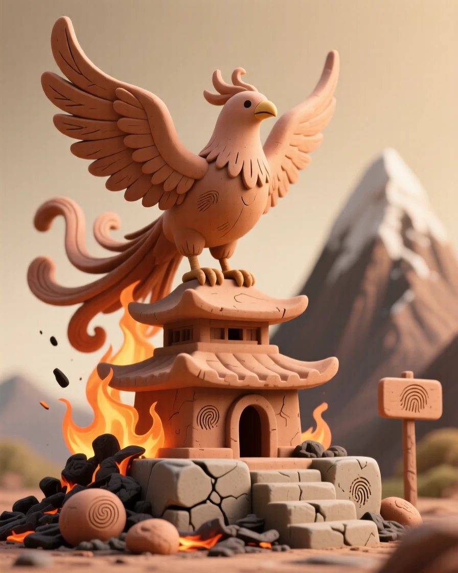 A phoenix rising from ashes atop a mountain temple