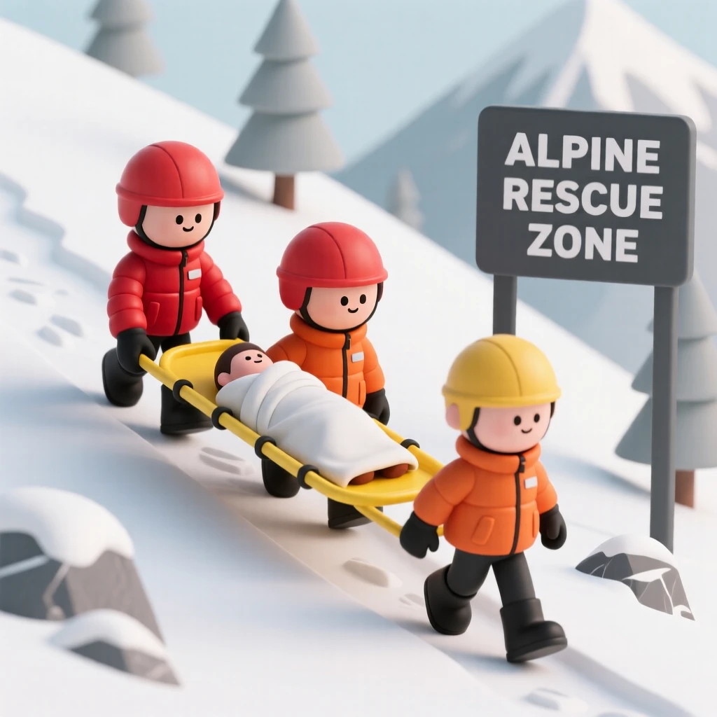 A determined mountain rescue team carries a stretcher carefully down a steep, snowy alpine trail.