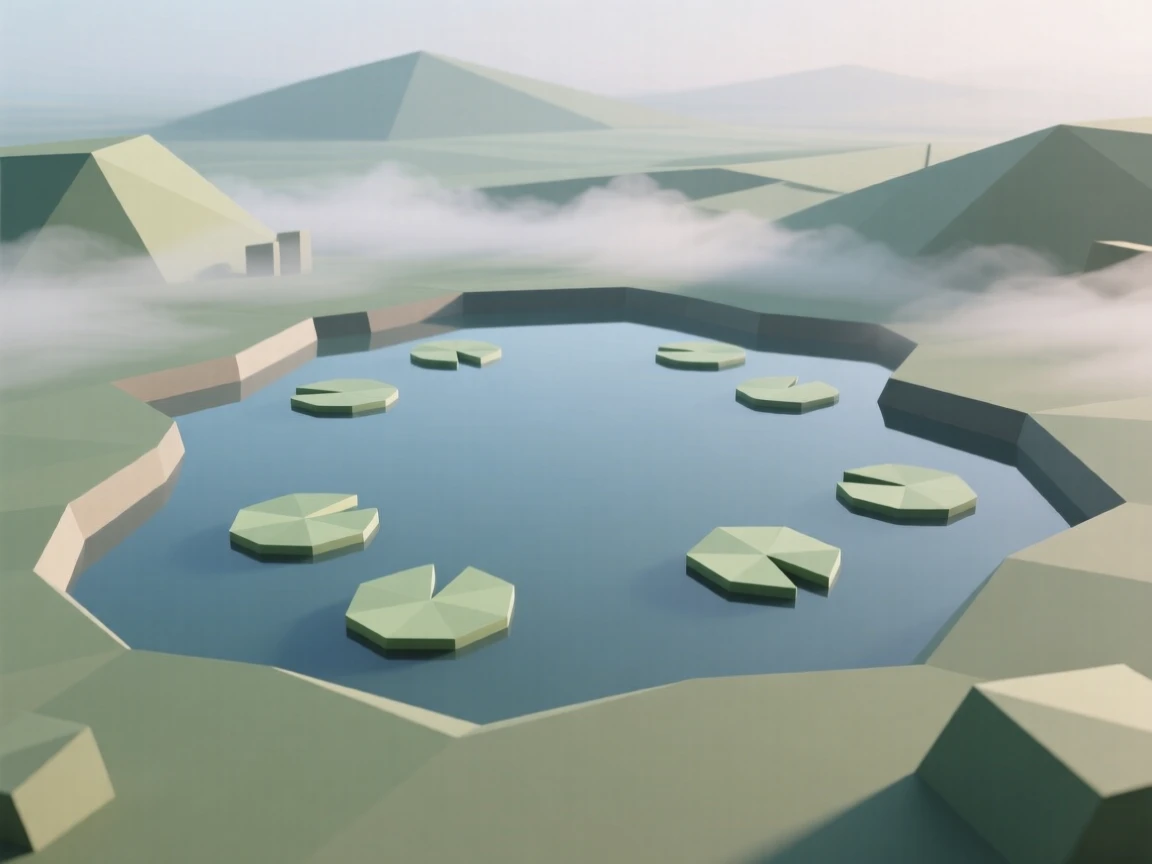 A quiet pond covered in lily pads, with mist rolling gently across the ground. fine atmospheric haze adds depth to the distance. The view feels timeless and untouched.