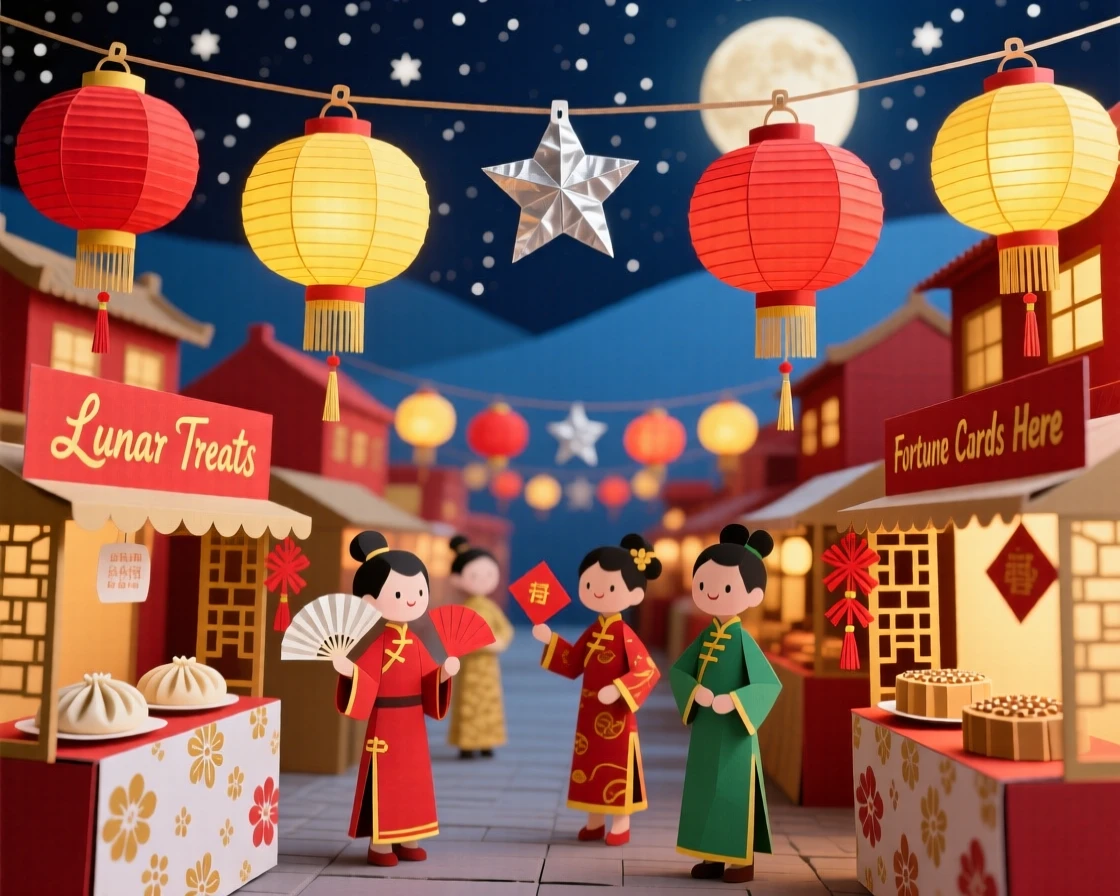 A vibrant Lunar New Year street celebration glowing softly under a starry sky, with the scent of seasonal treats filling the air, evoking festive warmth and joy.